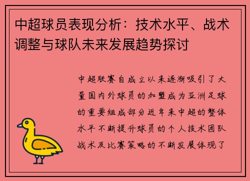 中超球员表现分析：技术水平、战术调整与球队未来发展趋势探讨