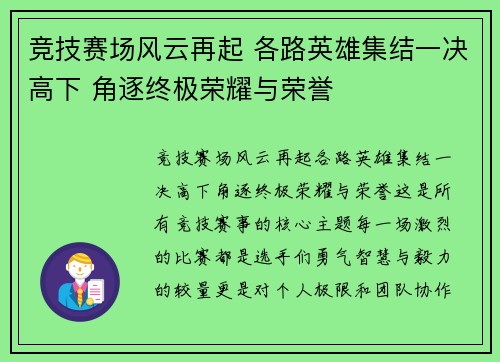 竞技赛场风云再起 各路英雄集结一决高下 角逐终极荣耀与荣誉